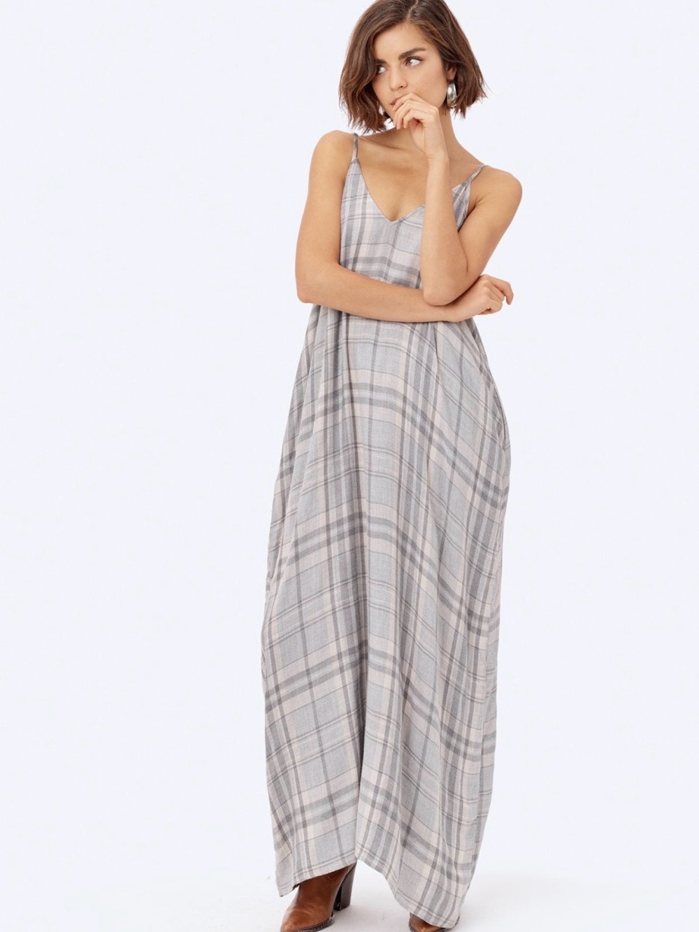 lovestitch Gray Plaid Spaghetti-Strap Maxi Dress
